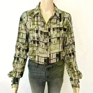 Vintage Boho Artsy Earthy Pattern Oversized Hippie Button Down  Shirt Blouse.
